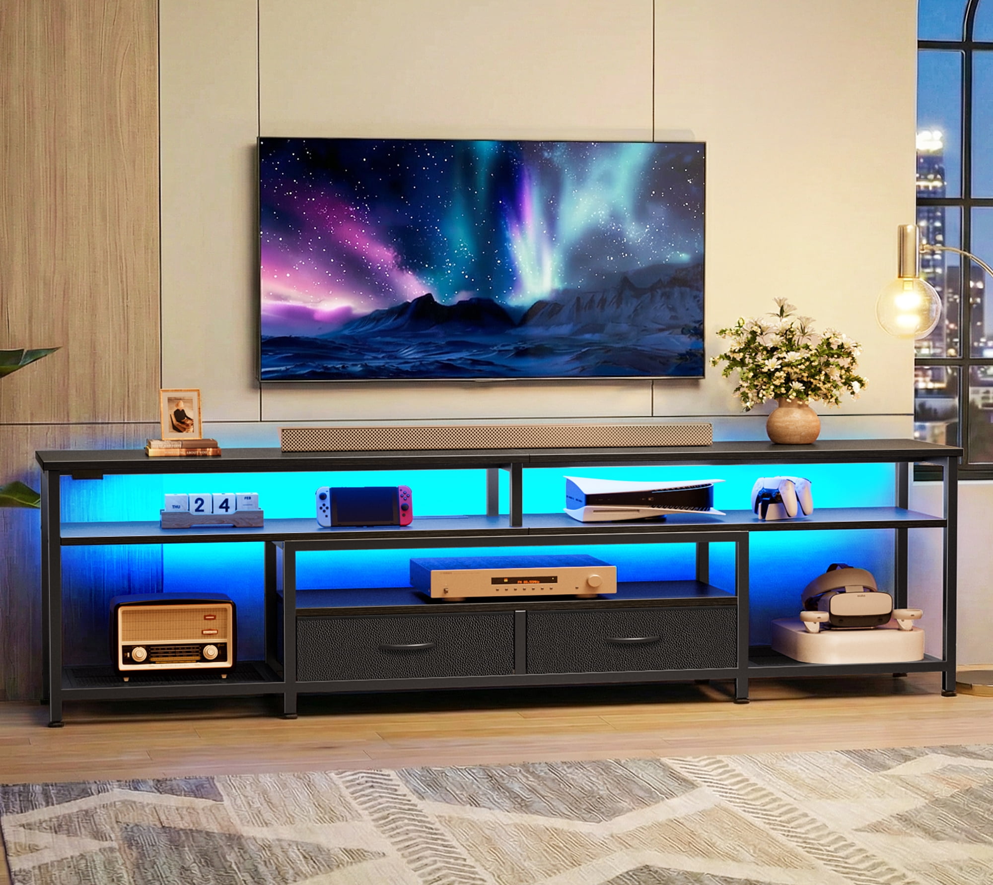 Amadwell 63" LED TV Stand for 75-80 Inch TVs, Entertainment Center with Power Outlets & Drawers, Rustic Brown