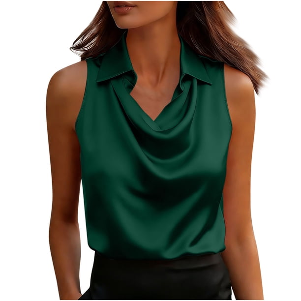 Tops Casuales sin Mangas para las Mujeres Color Sólido Solapa Cuello Colgante Blusa de Satén, Elegante Suéter sin Mangas para las Mujeres Oficina de Verano