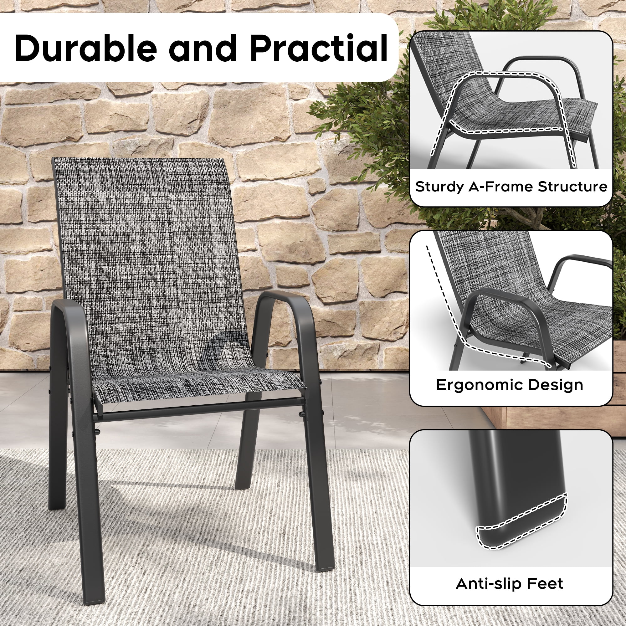 4-Piece Outdoor Dining Chair with Wide Ergonomic Seat, 350 lb Capacity Heavy Duty Metal Frame, Waterproof Teslin Fabric & Rust-Resistant, Ergonomic Lumbar Support for Patio, Gray