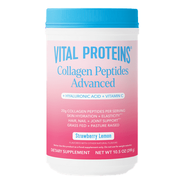 Vital Proteins Grass Fed Collagen Peptides Advanced Powder Supplement, with Hyaluronic Acid   Vitamin C, Strawberry Lemon Flavor, 10.5oz
