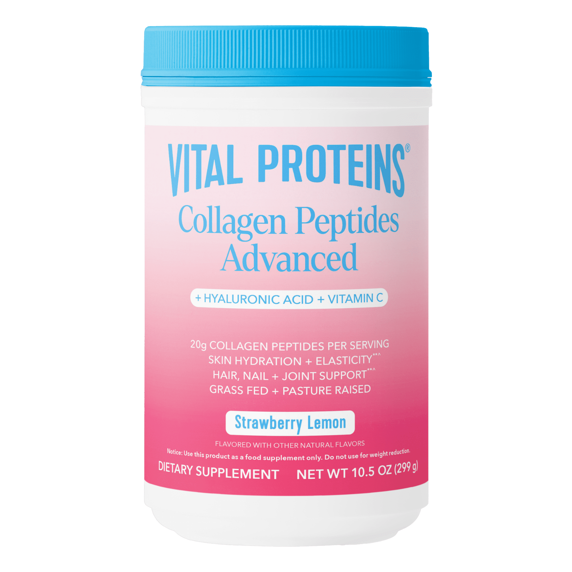 Vital Proteins Grass Fed Collagen Peptides Advanced Powder Supplement, with Hyaluronic Acid + Vitamin C, Strawberry Lemon Flavor, 10.5oz