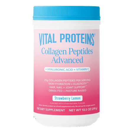 Vital Proteins Grass Fed Collagen Peptides Advanced Powder Supplement, with Hyaluronic Acid + Vitamin C, Strawberry Lemon Flavor, 10.5oz