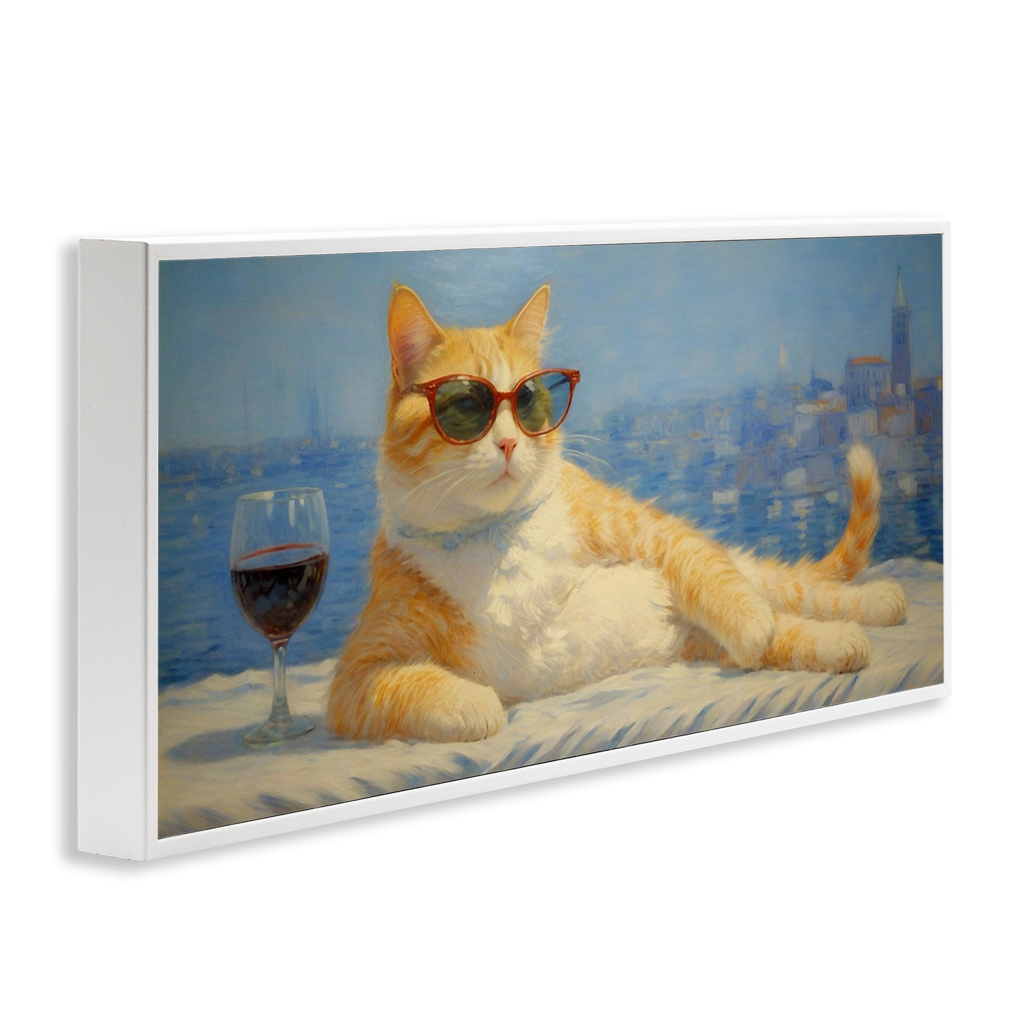Stupell Industries Lounging Feline with Wine Glass White Framed Giclee Art, design by Angie Hawke