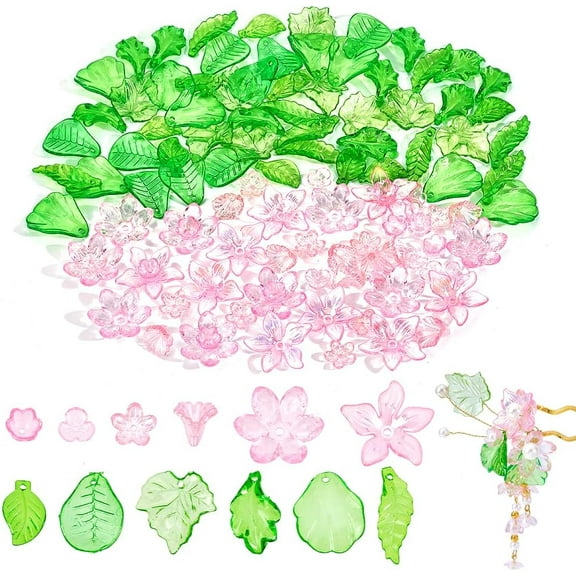 120pcs Green Leaf Beads Pink Flower Beads 12 Styles Transparent Acrylic Bead Loose Spacer Bead