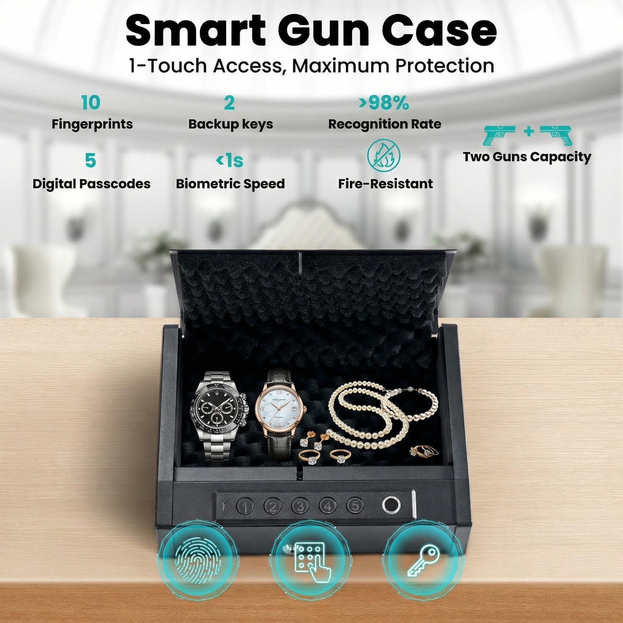 Naipo Portable Gun Safe for 2 Handgun with LED Display Pistols Safe 10 Fingerprint, 5 Password , 2 Keys Gun Safe with Biometric Home Office Handbag
