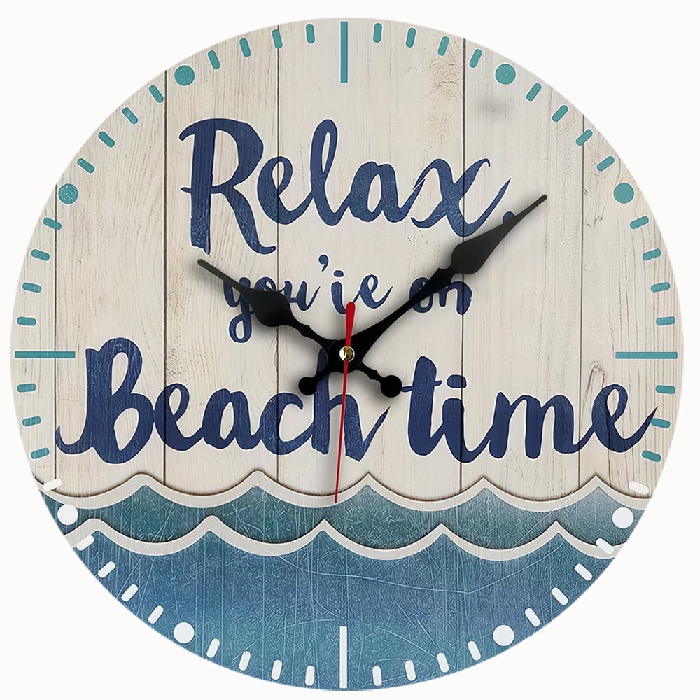 2D Flat Wooden Wall Clock Beach Blue Silent Quartz Wall Clock Creative Minimalist Design Perfect for Bedroom Living Room Office Kitchen Decor Clock - AA Battery Not Included