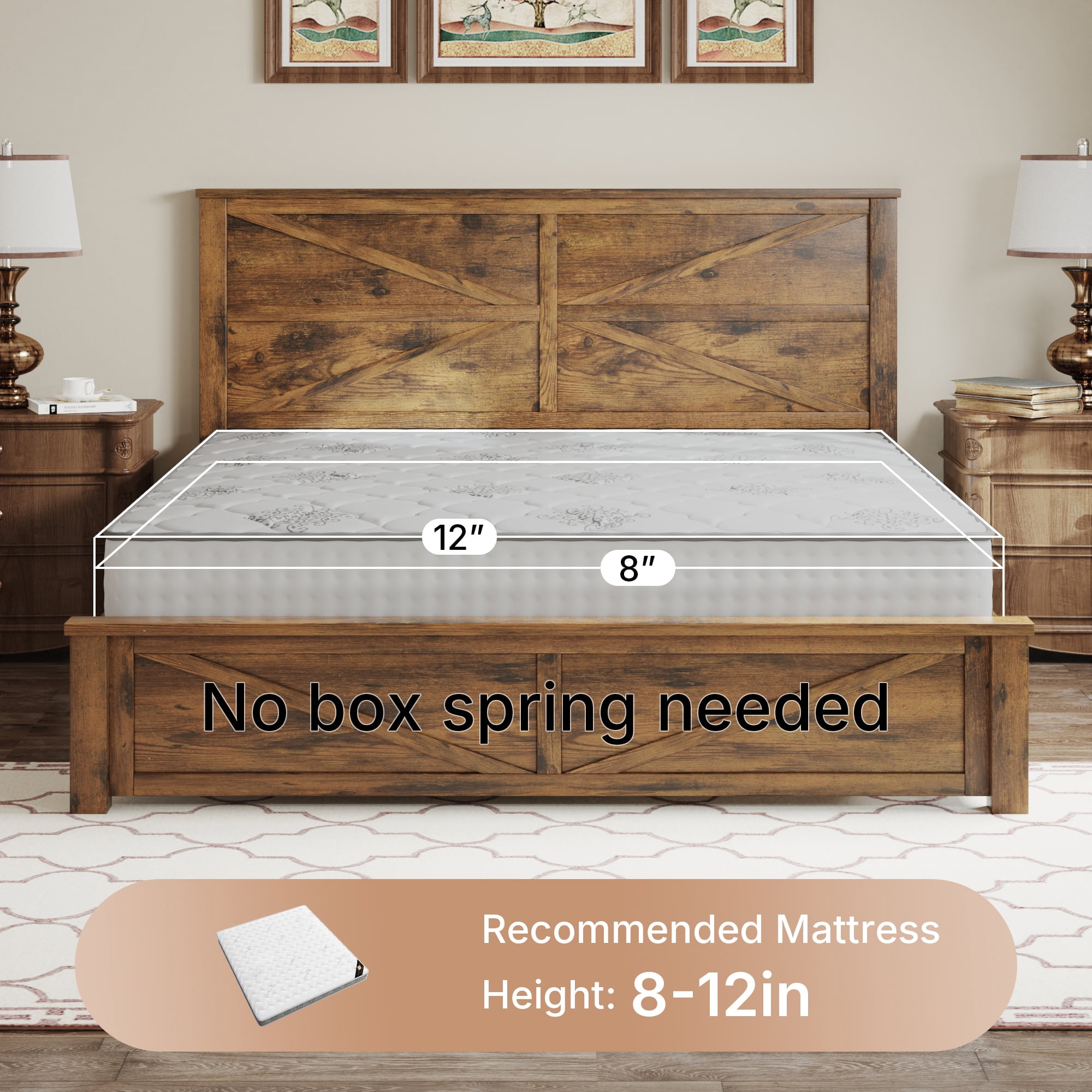 BSHTI King Bed Frame with Wooden Headboard, Country and Farmhouse Style, Brown