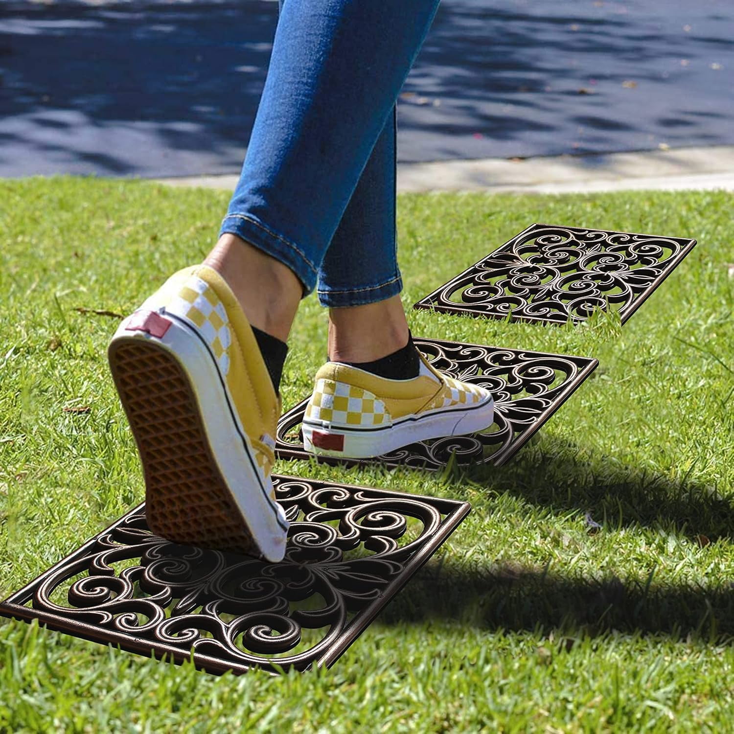 A1 Home Collections Heavy-Duty Rubber Garden Stepping Stone Mats, 12"x12", Set of 4, Paisley Square Bronze