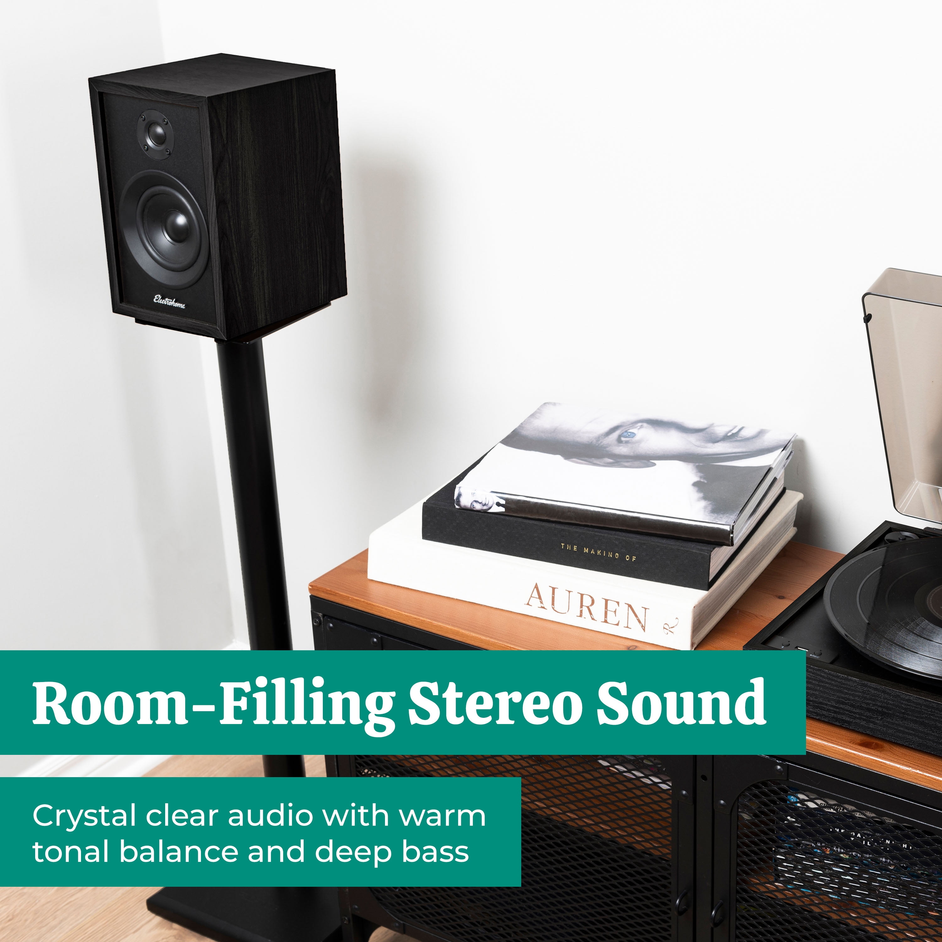 Electrohome McKinley 2.0 Stereo Powered Bookshelf Speakers with Built-in Amplifier and 4" Drivers for Turntable, TV, PC and Wireless Music Streaming featuring Bluetooth 5, RCA and Aux (EB30B)