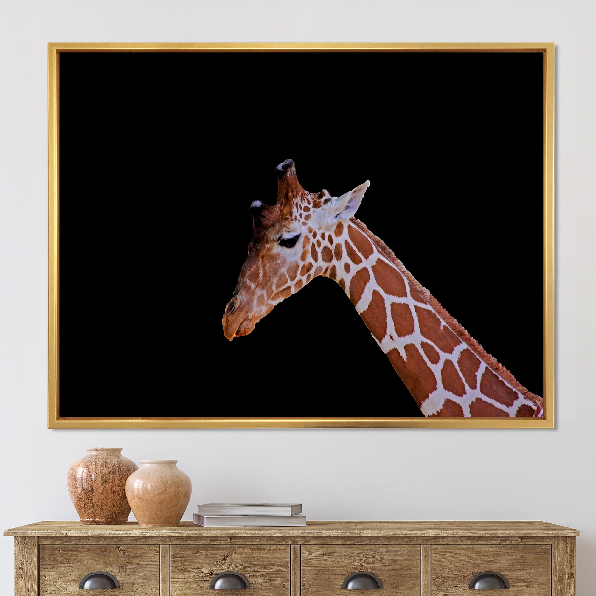 Designart 'Portrait of A Giraffe On Black Background I' Farmhouse Framed Canvas Wall Art Print
