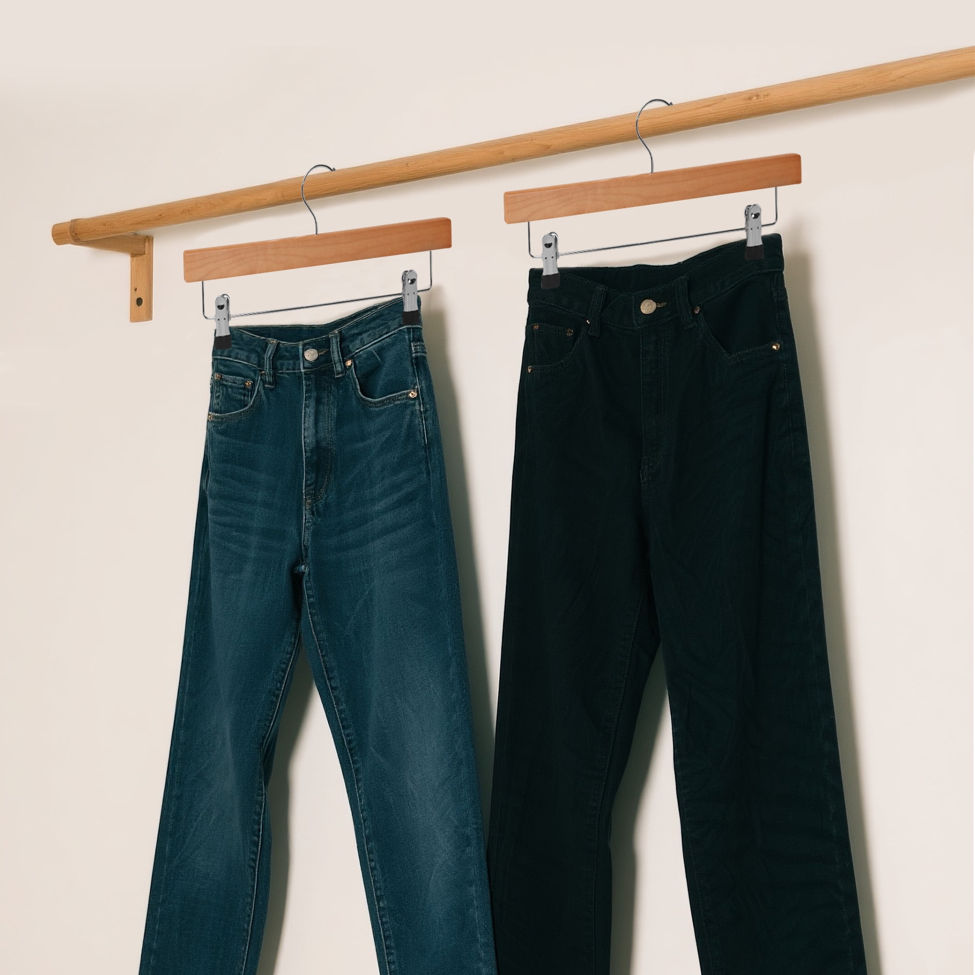 BP4U 24-Pack Premium Wooden Adjustable Pants Hangers, Heavy Duty Solid Wood Bottom Skirt/Trousers Hangers with 360° Swivel Hook & Wrinkle-Free Design(Natural Wood)