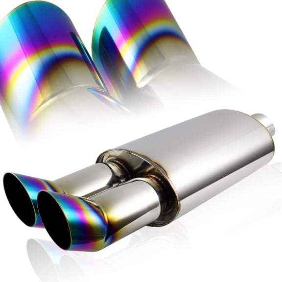 YIXUAN Universal 2.5" Inlet 3" Outlet Dual Exhaust Angle Tip Muffler, 22" Length, Dual Angle Tip Weld On, DTM Style, Rainbow Burnt Tip, Stainless Steel Resonator