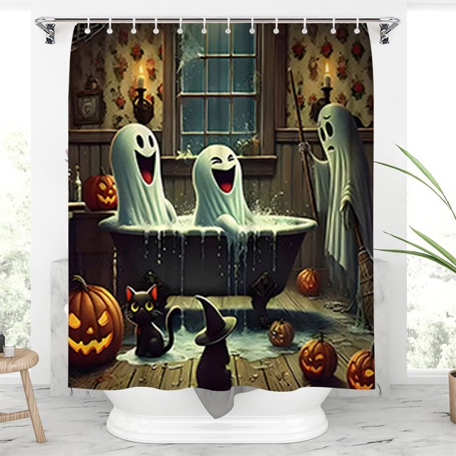 Halloween Shower Curtain Set Halloween Bathroom Curtain Set Shower Curtain Pumpkin Shower Curtain Set With Non Slip Rugs Toilet Lid Cover And Bath Mat