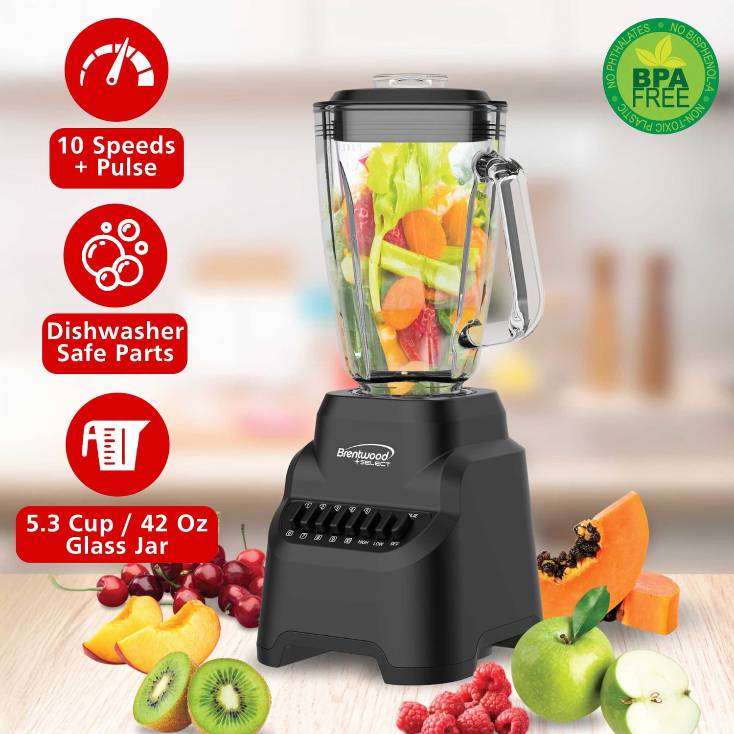 Brentwood Select 5.3-Cup 500-Watt 10-Speed Countertop Blender with Pulse Button, JBS-500BK