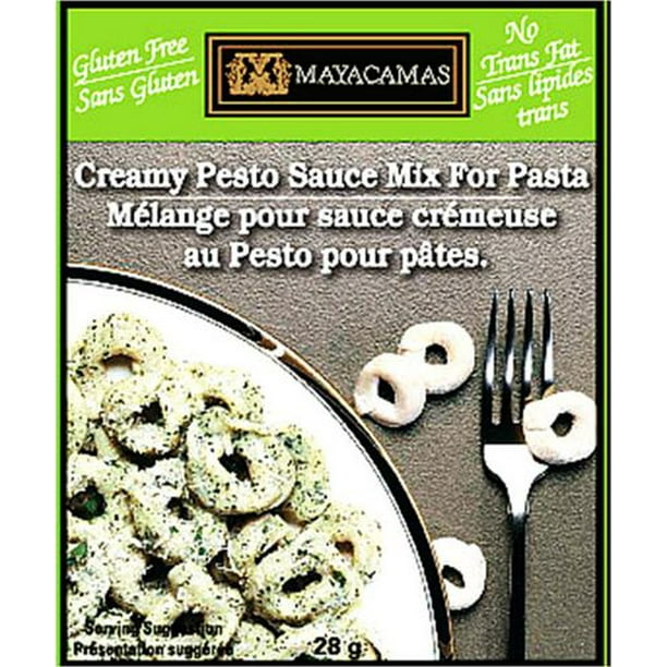 Mayacamas - Mélange à sauce pour pâtes aux Pesto crémeux sans Gluten Mayacamas Mélange à Sauce pour pâtes aux Pesto Crémeux Sans Gluten. Tout comme une sauce régulière aux pesto, mais avec un goût crémeux.