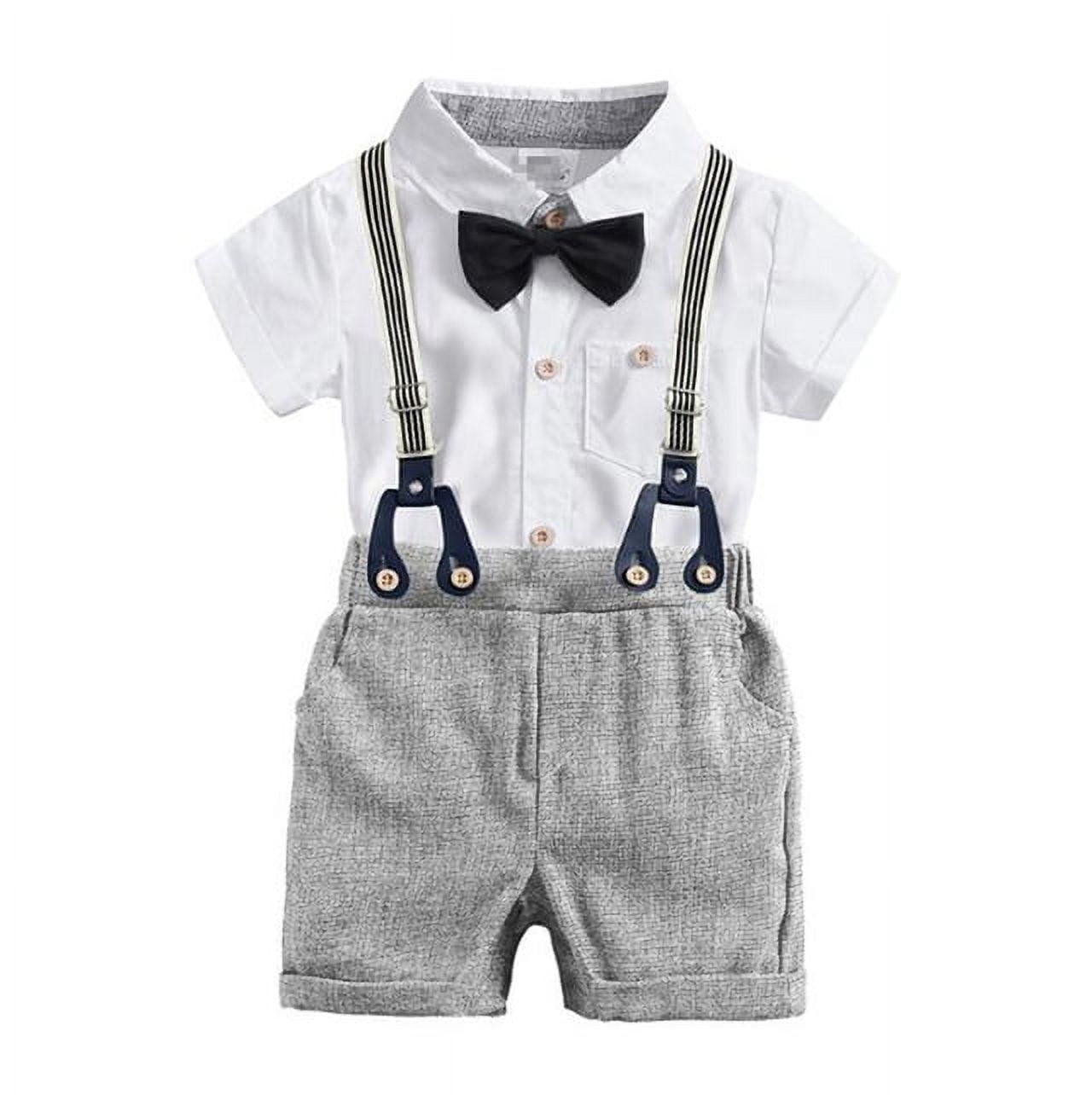 Laurenza's Baby Boys 4 Pcs Infant Outfit Grey Navy Bodysuit and Suspenders Set Baptism Christening Wedding Outfit Ring Bearer Boys Easter Clothes Outfit 0-3M