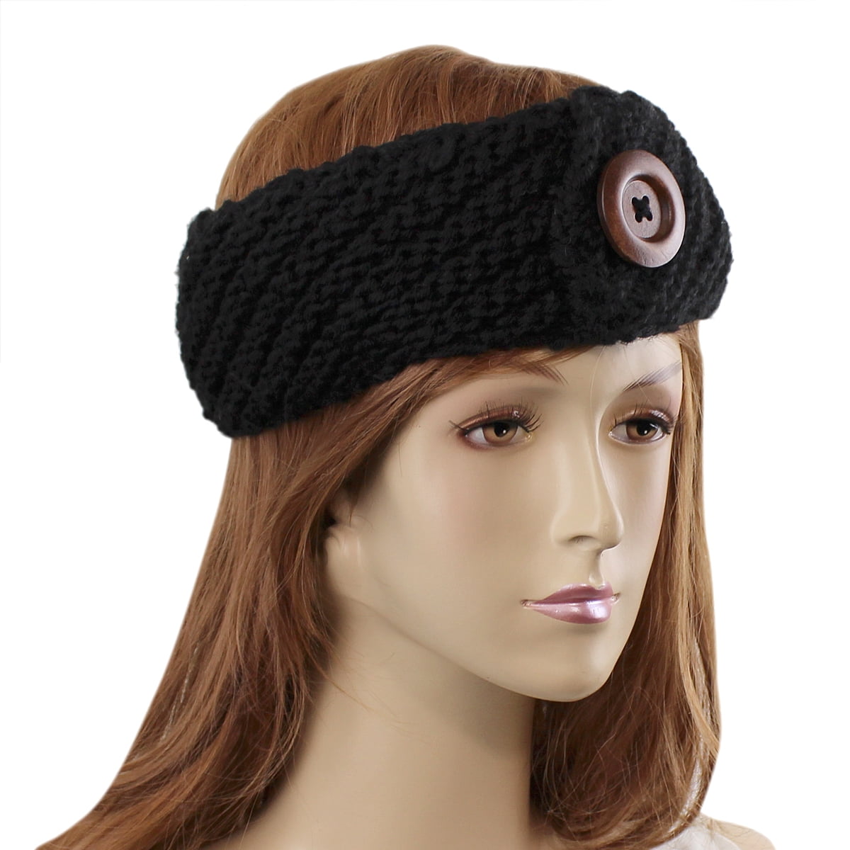 Woven Headband with Wooden Button Detail Black