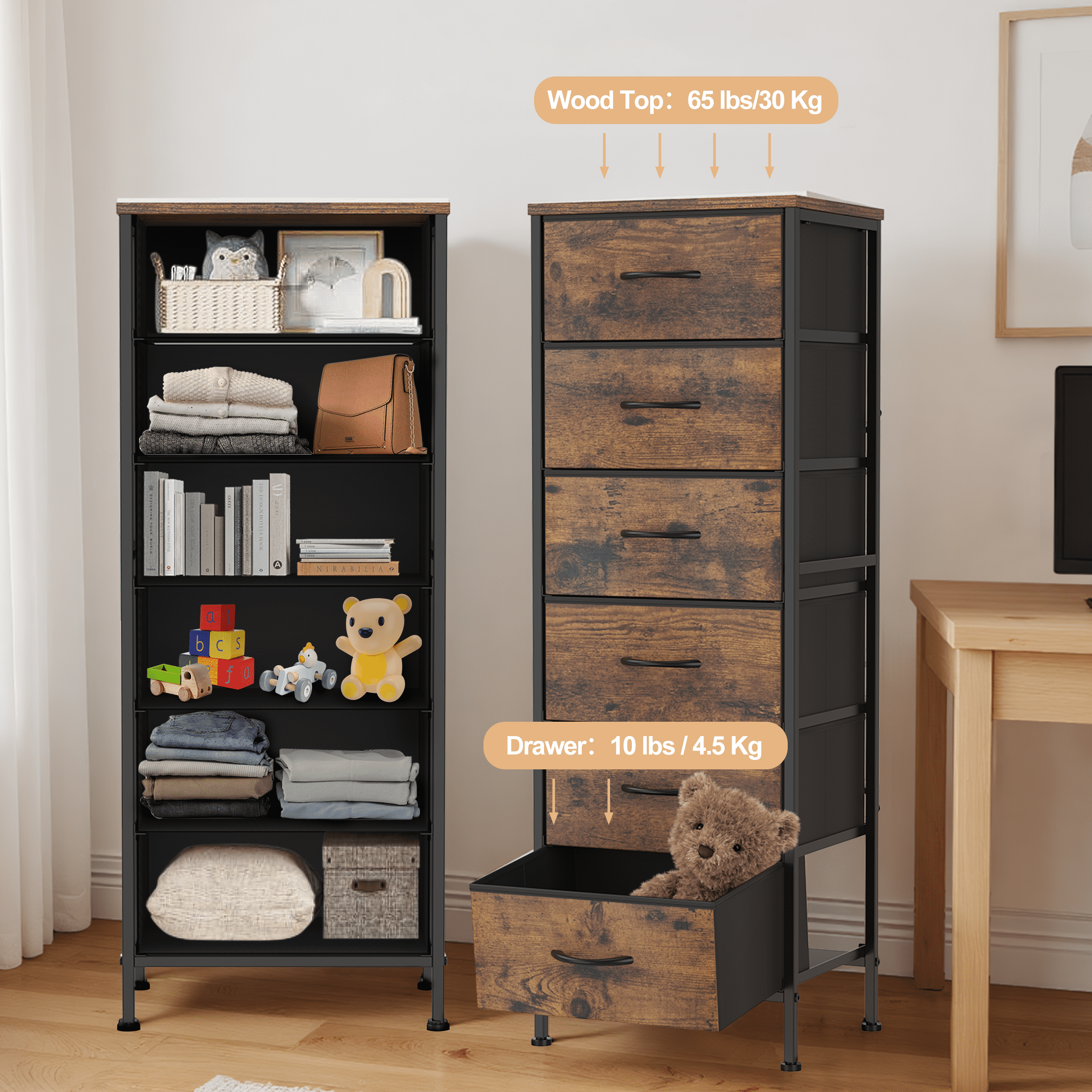 EZKAMFORT 6-Fabric Drawer Dresser for Bedroom Tall, Closet Drawers Dresser for Bedroom, Versatile for Bedroom & Living Room, Rustic Brown