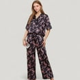 thumbnail image 4 of Women's Satin Button-Up Pajama Set with Short Sleeve Notch Collar Top and Wide Leg Pants in Ribbon Print - Small, Black, 4 of 7