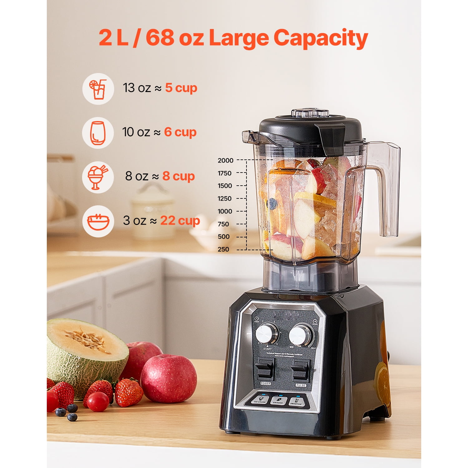 KFFKFF Smoothie Blender, 68 oz 1400W, Expert Blender with Robust Motor, Versatile Food Processor Blender with Grinding Jar for Smoothie/Milkshake/Juice, Suitable for Kitchen