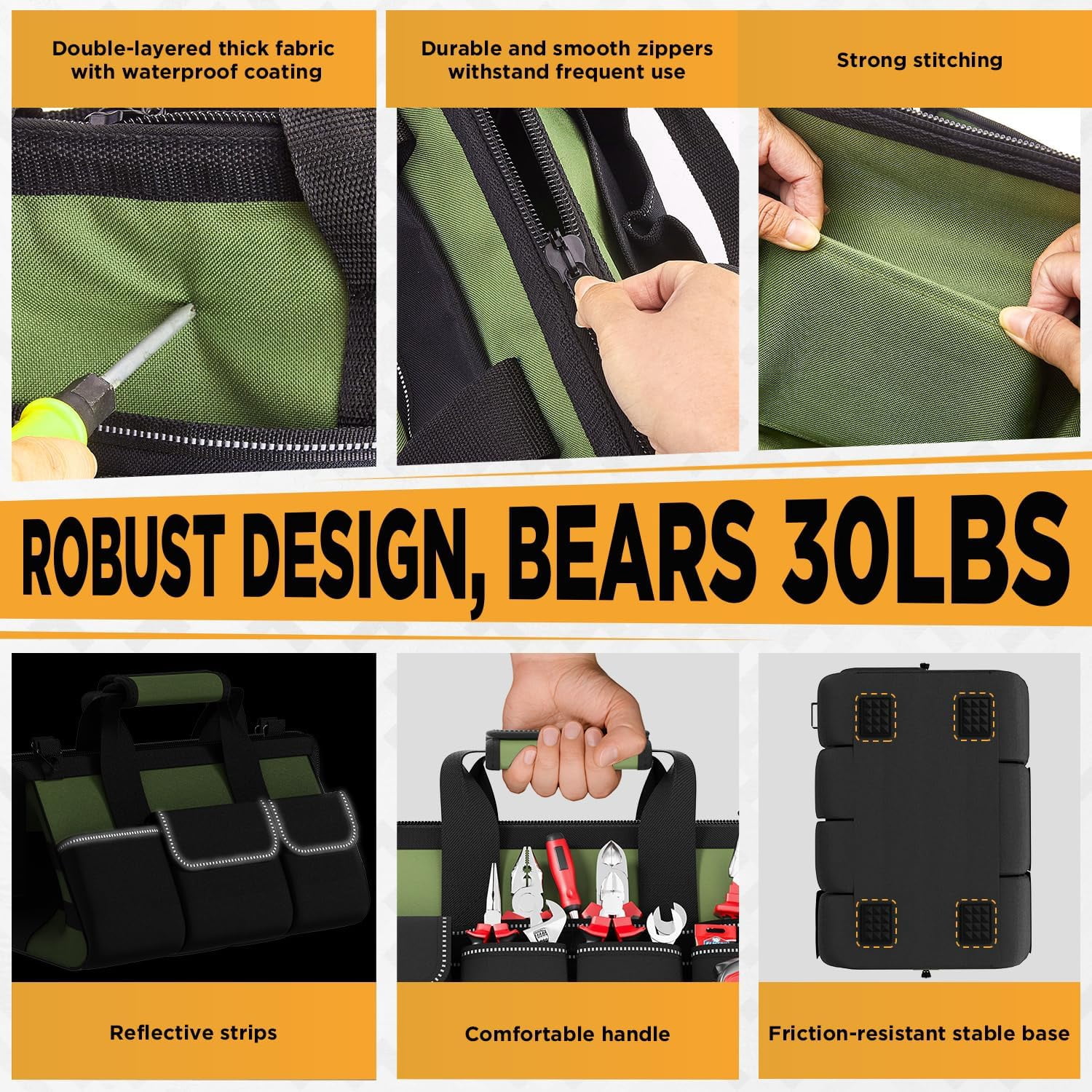 Tool Bag 15.5 Inch with 1 Pouch | 17-Pocket Portable Tool Box Organizer Storage with Adjustable Strap, Soft Handle and Durable Zipper | Heavy Duty Tool Bags for Men, Father’s Day (Green)