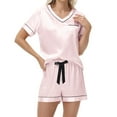 thumbnail image 2 of BUIGTTKLOP Satin Pajamas Sets for Women Short Sleeve V Neck Top Wide Leg Shorts Soft Sleepwear Cozy Loungewear, 2 of 6