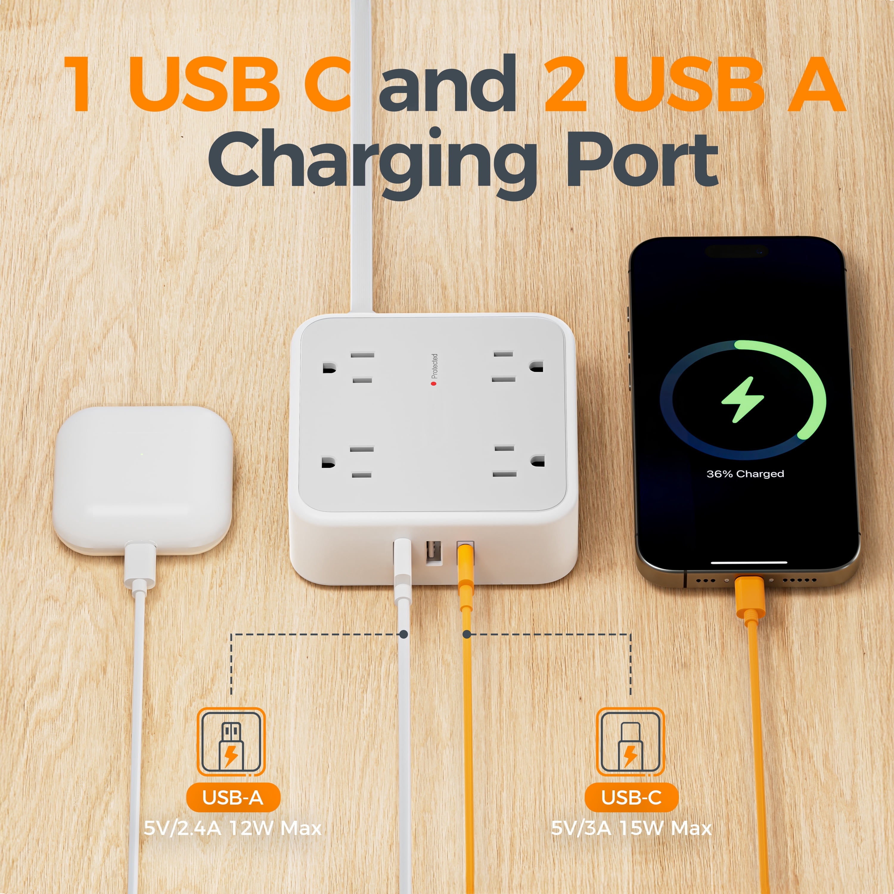 5ft Flat Plug Extension Cord, 8-Outlet Surge Protector Power Strip, 3 USB Ports (1 USB C), Wall Mountable, Gray