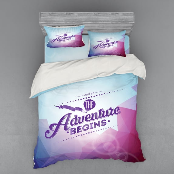 Saying Duvet Cover Set, Adventure Begins Words with Polygonal Mountains Abstract Angular Design, Bedding Set with Shams and Fitted Sheet, 3 Sizes, by Ambesonne