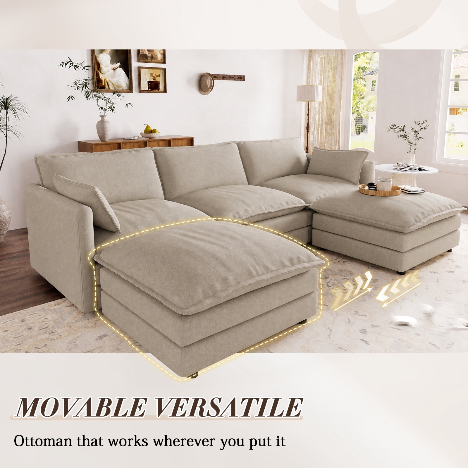 Muumblus 110" Oversized Modular Sectional Sofa with 2 Movable Ottoman, U Shaped Deep Seat Cloud Couch for Living Room, Camel Chenille