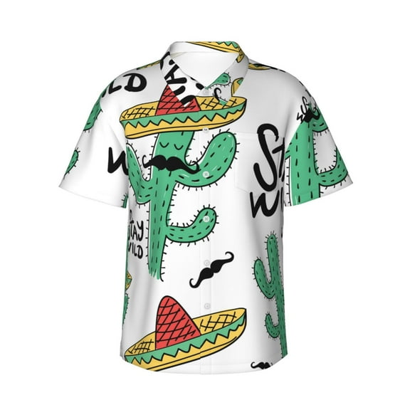 Cactus Stay Wild Men's 3d Print Casual Button Down Shirts, Novelty Hawaiian Short Sleeves M