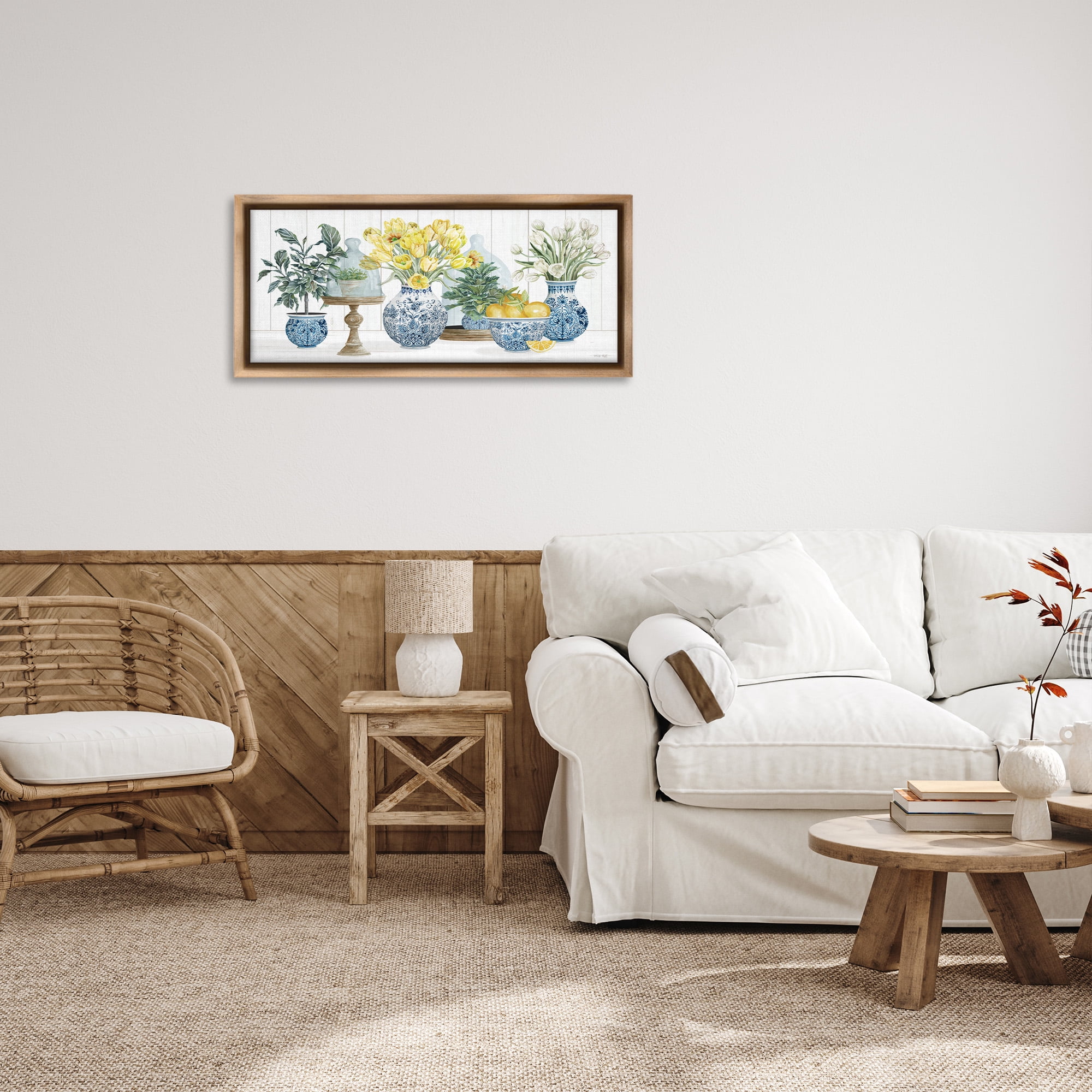 Stupell Industries Yellow Tulips & Lemon Fruits Botanical & Floral Painting Brown Floater Framed Canvas Art Print Wall Art, 31 x 14