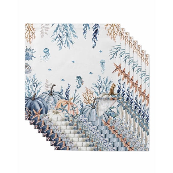 Blue Pumpkin Coastal Fall Cloth Napkins Set of 8 Reusable Dinner Napkins, Thanksgiving Ocean Botanical Coral Cocktail Napkin Washable Table Napkins for Wedding/Holiday Party/Baby Shower 20"x20"