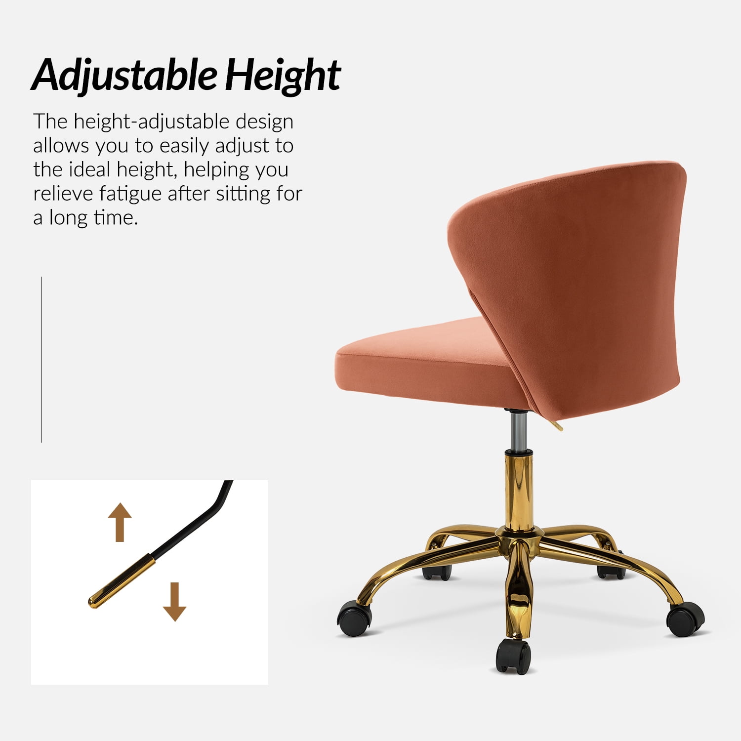 Tina's Home Coral Velvet Swivel Office Chair with Gold Legs, Adjustable Height Rolling Desk Chair for Vanity