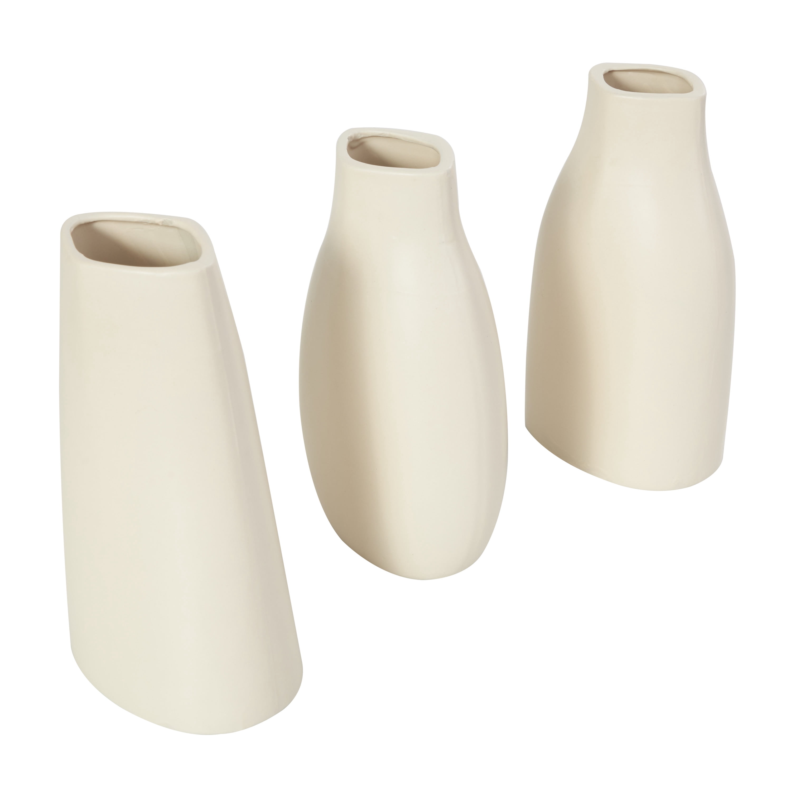 DecMode 5"W, 9"H Minimalistic Dimensional Cream Ceramic Vase with Varying Shapes, Set of 3