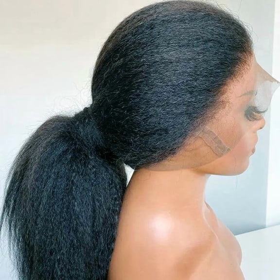 30 Inch Kinky Straight Natural Black Glueless Yaki Synthetic Hair 180�nsity|Lace Front Wig | Preplucked Baby Hair & Heat Resistant | Daily Wig for Women)