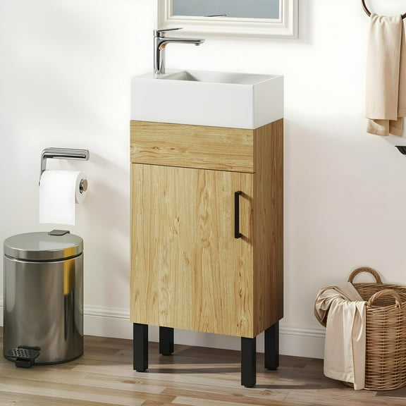 Uforic 16" Bathroom Vanity with Top Sink, Modern Free Standing Small Bathroom Storage Cabinet with Soft Close Door, Brown