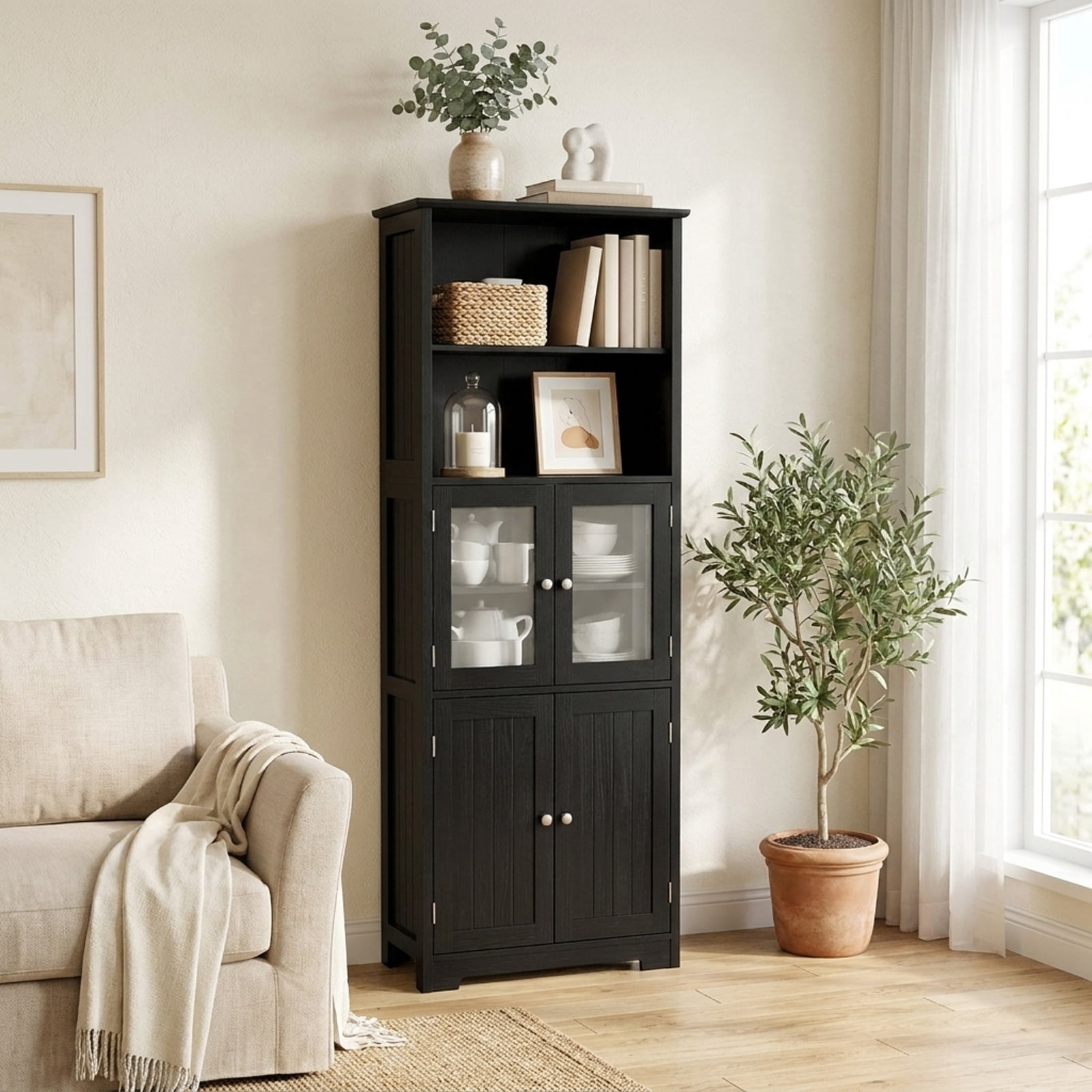 Vebreda Freestanding Bathroom Storage Cabinet, 6-Tier Freestanding Bathroom Cabinet with 2 Open Compartments and Adjustable Shelves