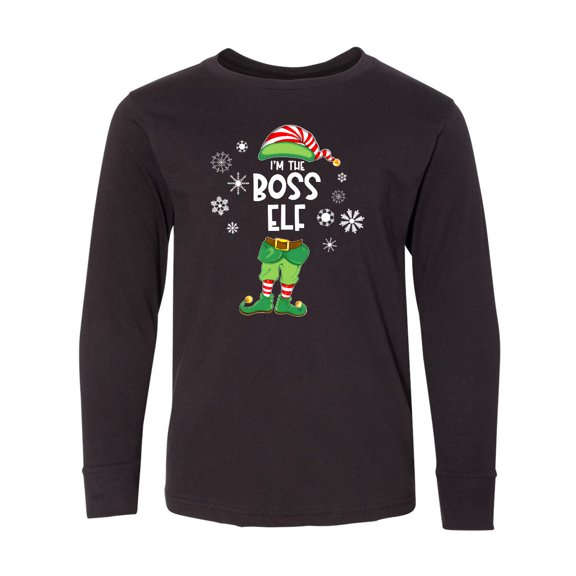 Inktastic Funny Christmas I'm the Boss Elf with Shoes and Hat Long Sleeve Youth T-Shirt