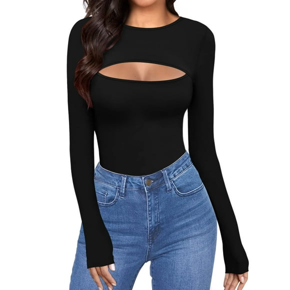 ALGALAROUND Women's Cutout Tops Basic Long Sleeve/Short Sleeve Round Neck Slim Fit T-Shirts (B Long Sleeve Black, X-Large)