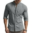 thumbnail image 4 of YYDGH Mens Long Sleeve Button Down Shirts Band Collar Cotton Linen Dress Shirts Casual Slim Fit Solid Color Blouse Gray 3XL, 4 of 8