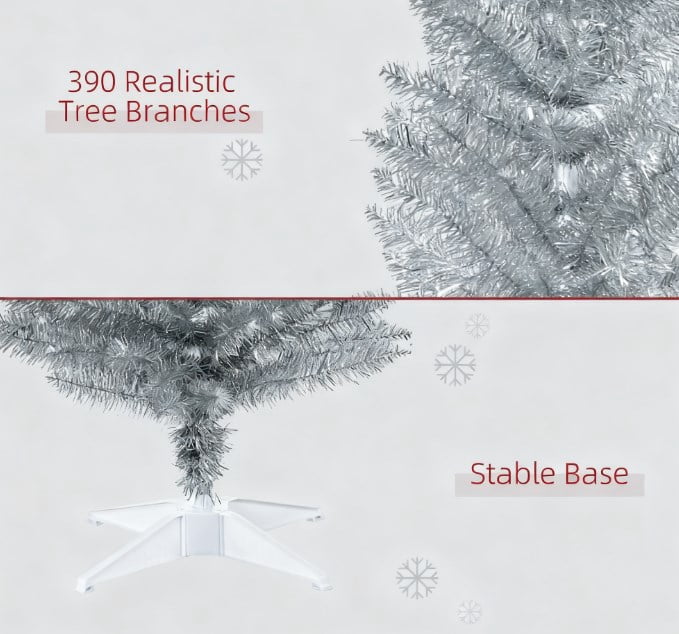 6ft Unlit Silver Pencil Christmas Tree 390 Tips Easy Assembly Plastic Base Small Space Holiday Decor