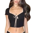 thumbnail image 1 of Top negro de manga corta con escote en V y detalle de lazo, talla S Summer Chic, 1 of 5