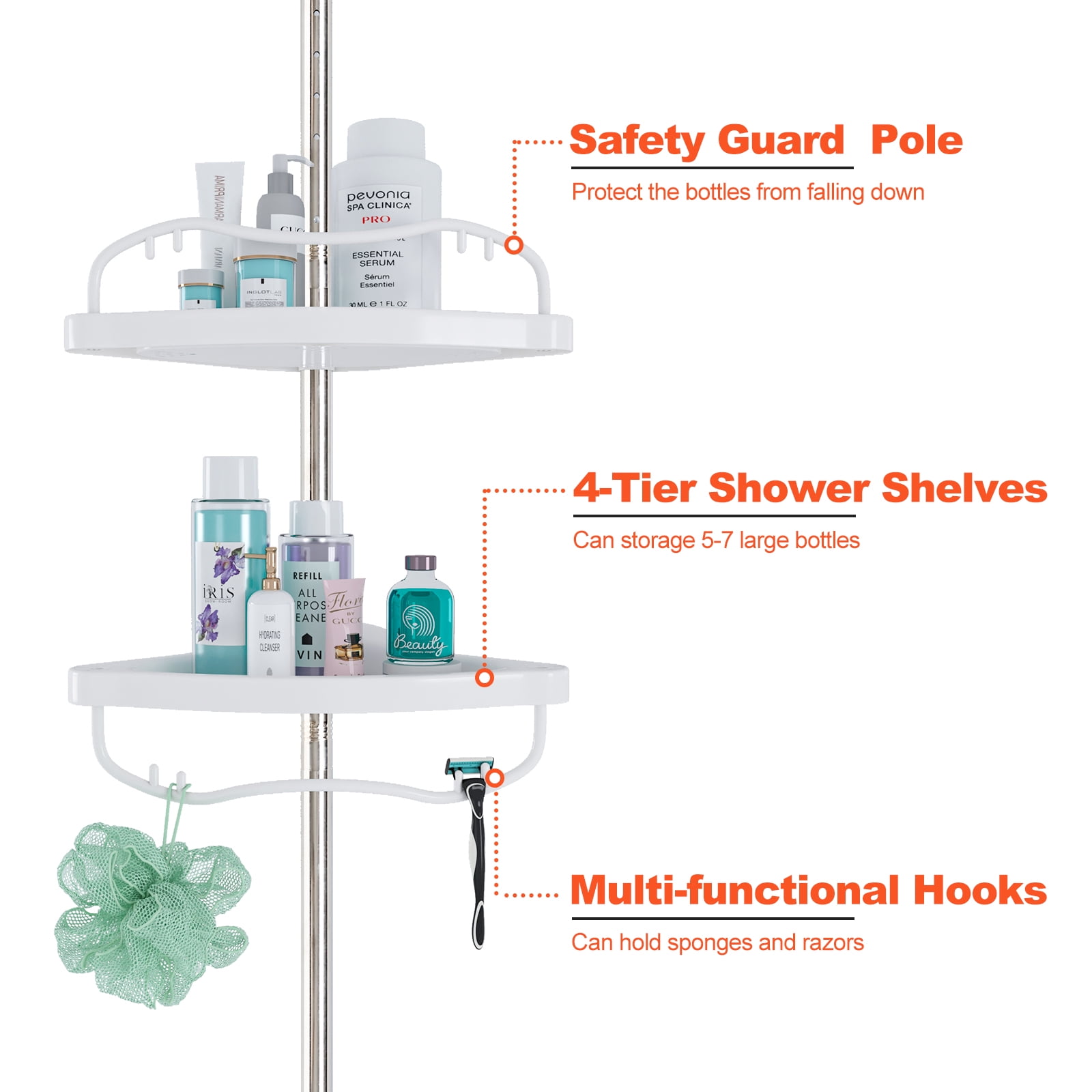 AIYAKA Tension Corner Shower Pole Caddy, with 2 Hooks, Bathroom Storage  Organizer, 65 to 106 inch Adjustable Height, 3-stage adjustment height,  Silver