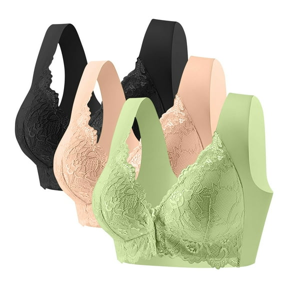 Fengactive 3PC Front Closure Lace Bras for Women No Underwire Wide Strap Clasp Bra Plus Size Breathable Push Up Bra