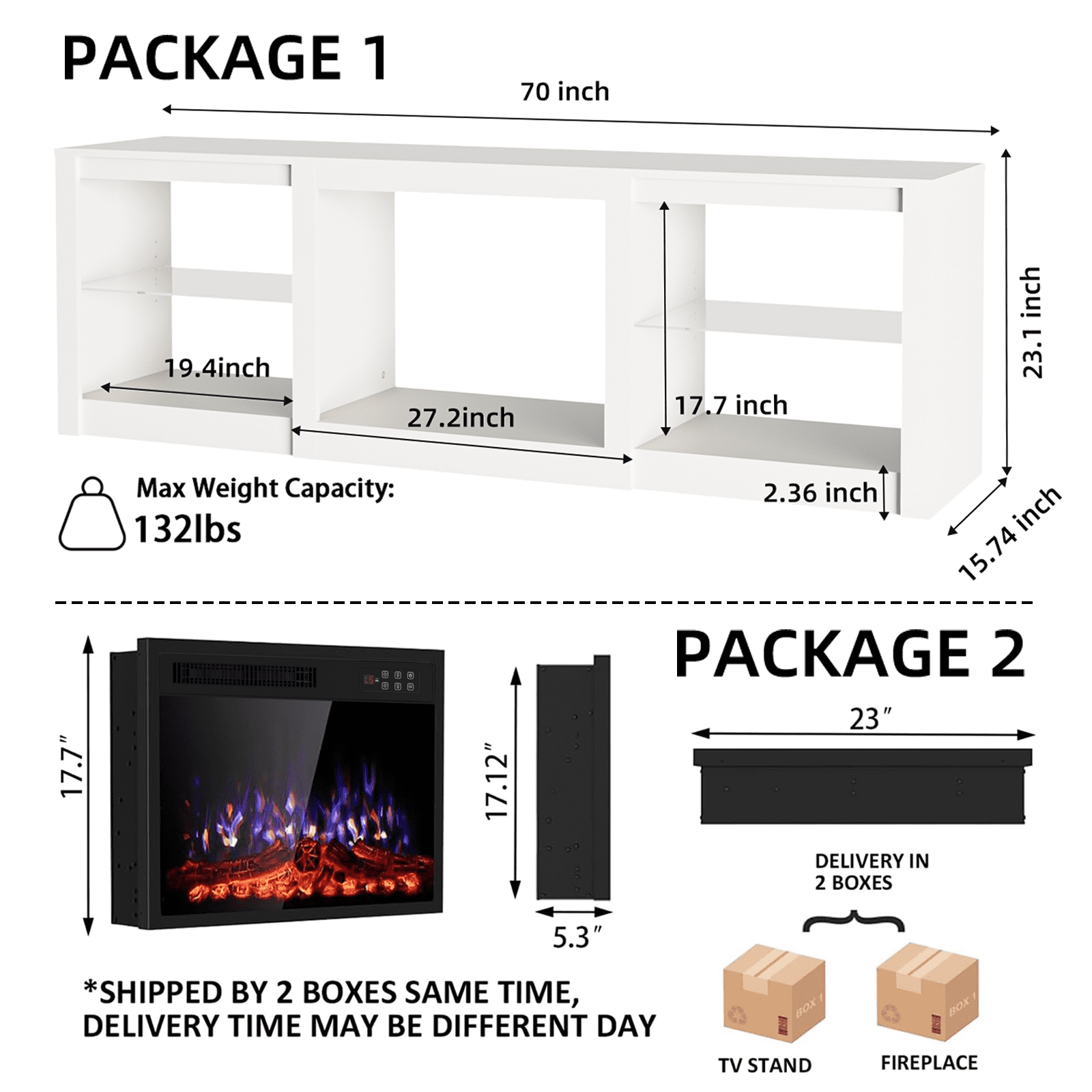 Rocyis 70'' Fireplace TV Stand with LED Light and Entertainment Center for 80'' TV with Adjustable Glass Shelves, White TV Console for Living Room/Bedrom, White