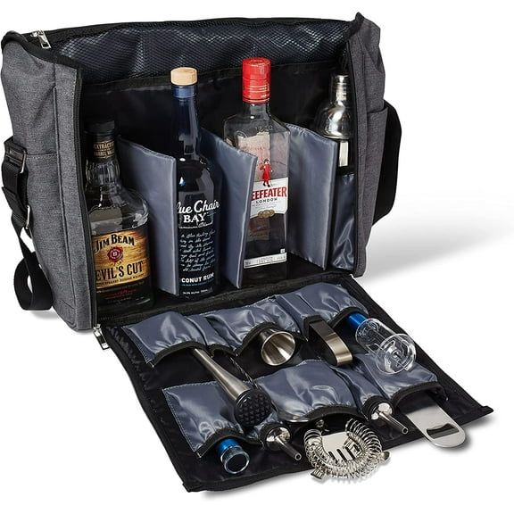 Travel Bar Bag Gray & Black, Water Resistant, Bartending Supplies, Pockets for Carrying Cocktail Kit (Bag Only), 13.8H X 12.5W X 4.7D