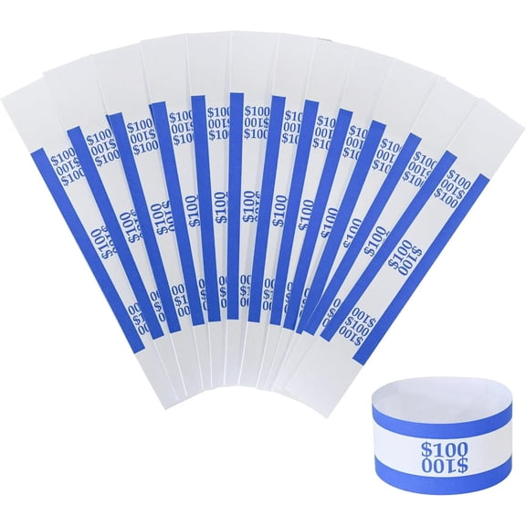 Currency Straps – Bill Wrappers, Money Bands to Organize Bills, ABA Standard Colors, Self-Adhesive, 7.5 x 1.15 Inches ($100 / Blue)