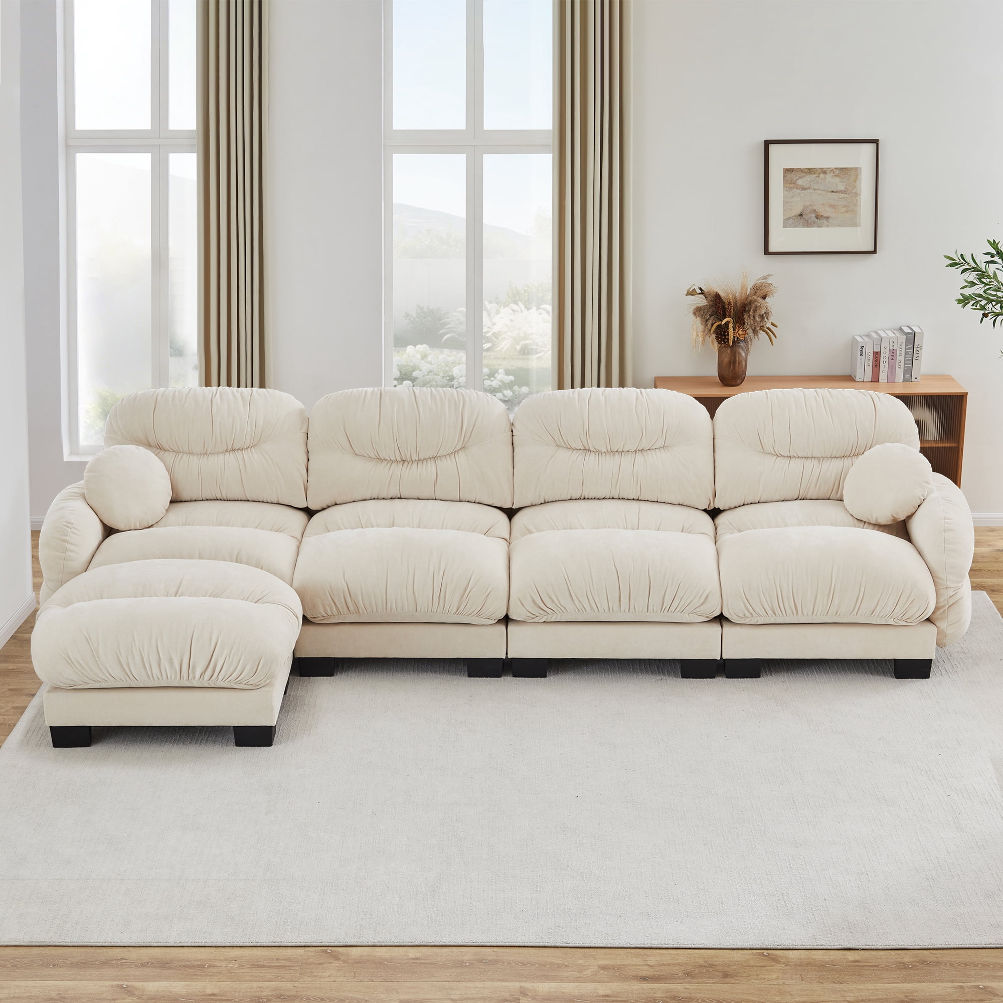 150" 4 Seater Sectional Couch Cozy Chenille Modular Sofa with Ottoman and 2 Throw Pillows