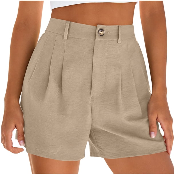 Pantalones Cortos de Ajuste Suelto para Mujeres Moda Casual Alta Cintura de Lino Mezcla Pantalones Cortos con Bolsillos, Poliéster Suave Recto Sólido Fondo de Verano para Diario