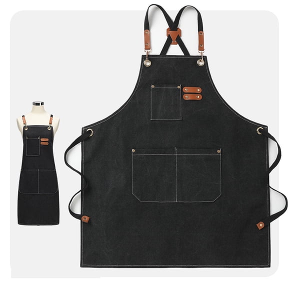 Rulwuck Canvas chef apron, used for kitchen cooking, baking, barbecue, barista, bartender, artist, painting, gardening studio apron, cross straps, adjustable for men, women apron, with large pockets